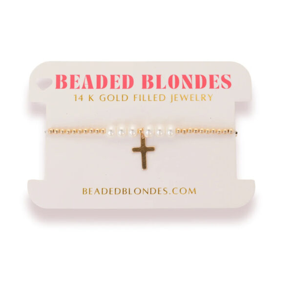 Cross + Pearl Gold Charm Bracelet- Beaded Blondes