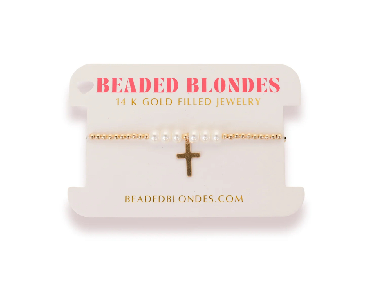 Cross + Pearl Gold Charm Bracelet- Beaded Blondes
