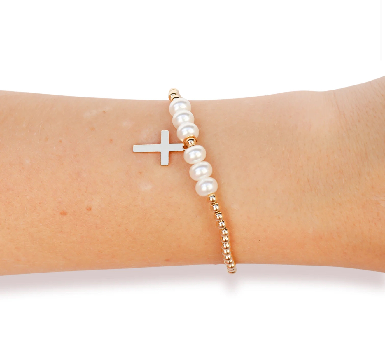 Cross + Pearl Gold Charm Bracelet- Beaded Blondes - Image 3