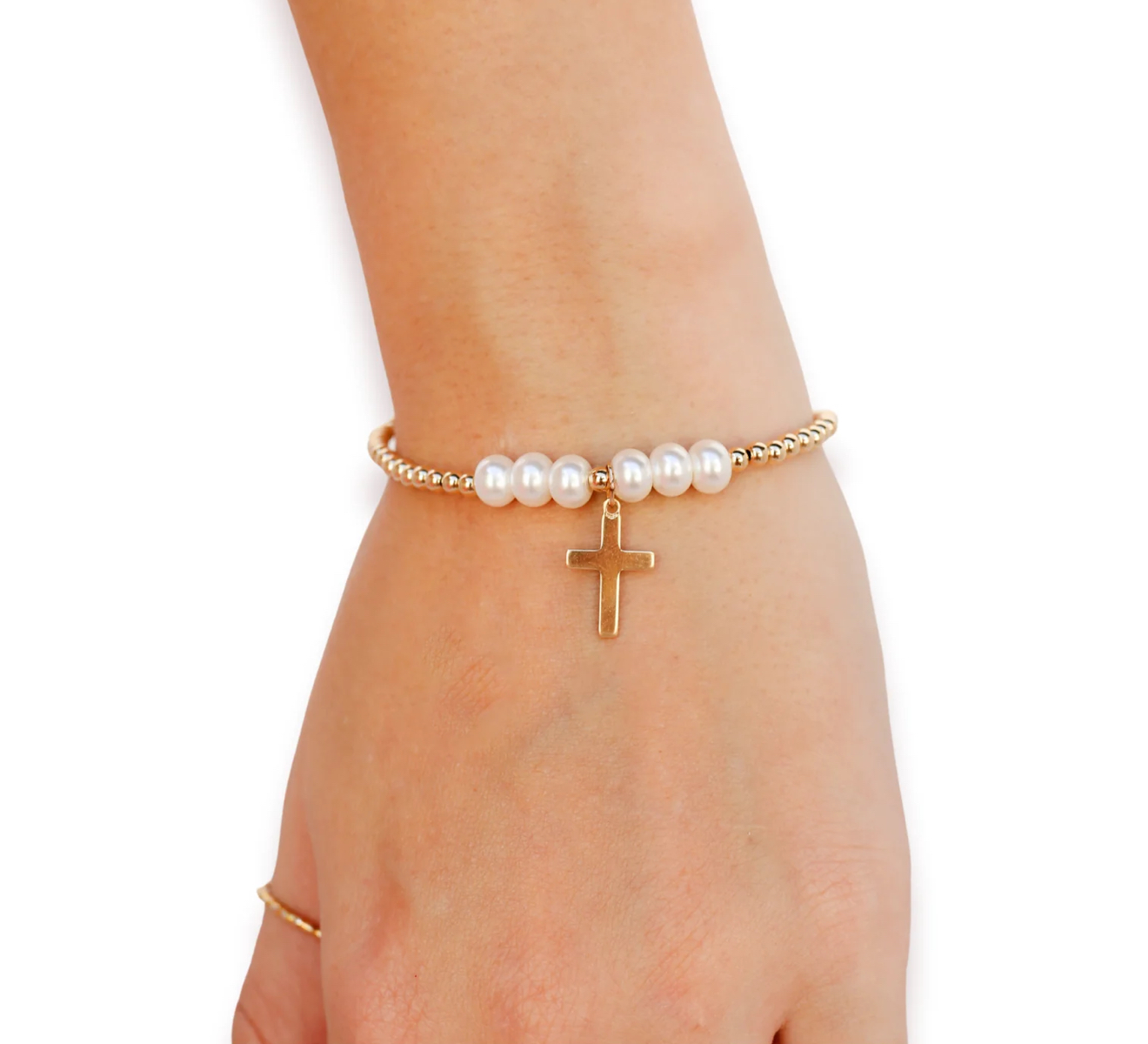 Cross + Pearl Gold Charm Bracelet- Beaded Blondes - Image 2